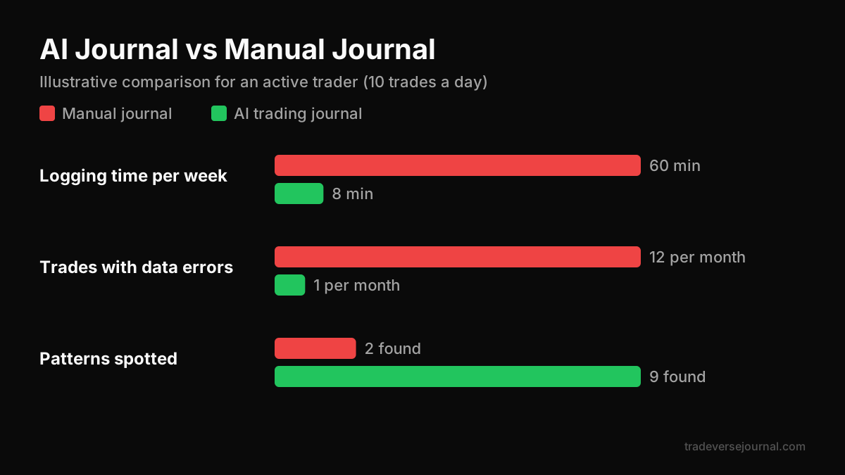 AI trading journal vs manual journal comparison of time, accuracy and insight