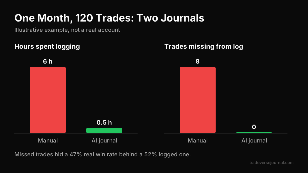 Worked example of monthly journal time and errors for manual vs AI journal