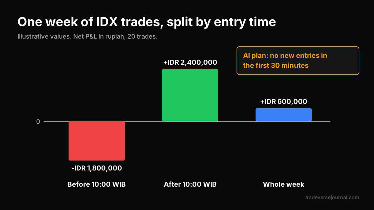 Weekly IDX trade results split by session time showing morning losses