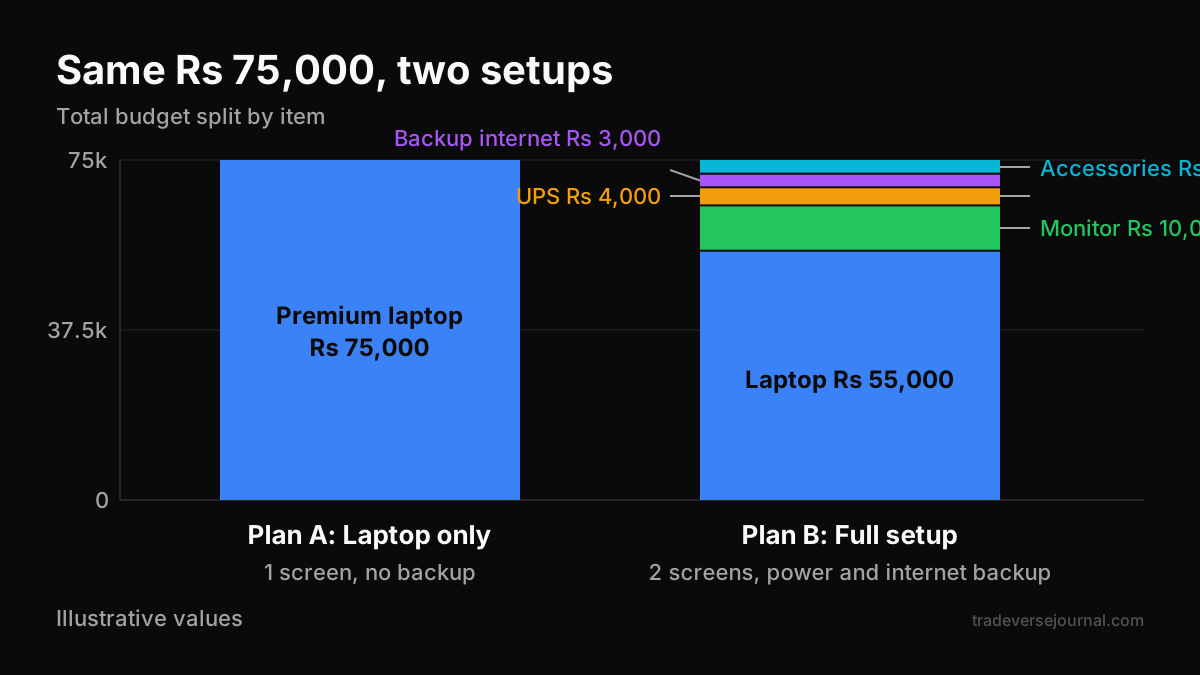 Comparison of two Rs 75000 trading setup budgets showing laptop versus full setup