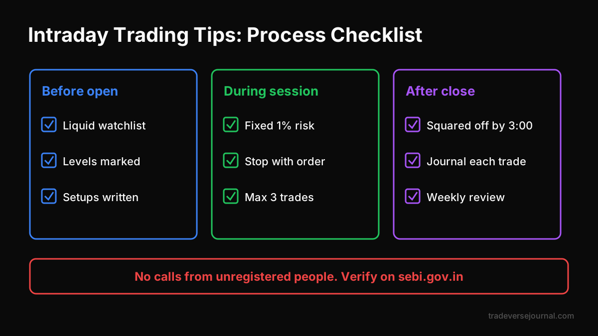 Intraday trading tips checklist covering risk, timing, stops and journaling