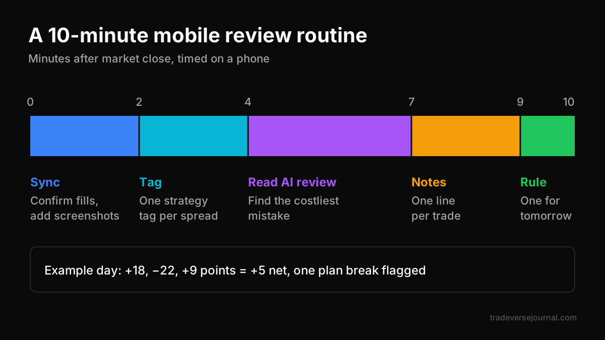 Ten-minute mobile options journal review routine timeline