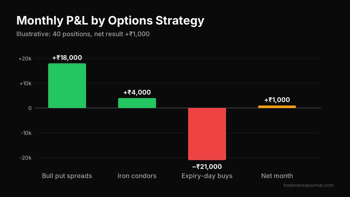 Bar chart of monthly P&L by options strategy in a worked example
