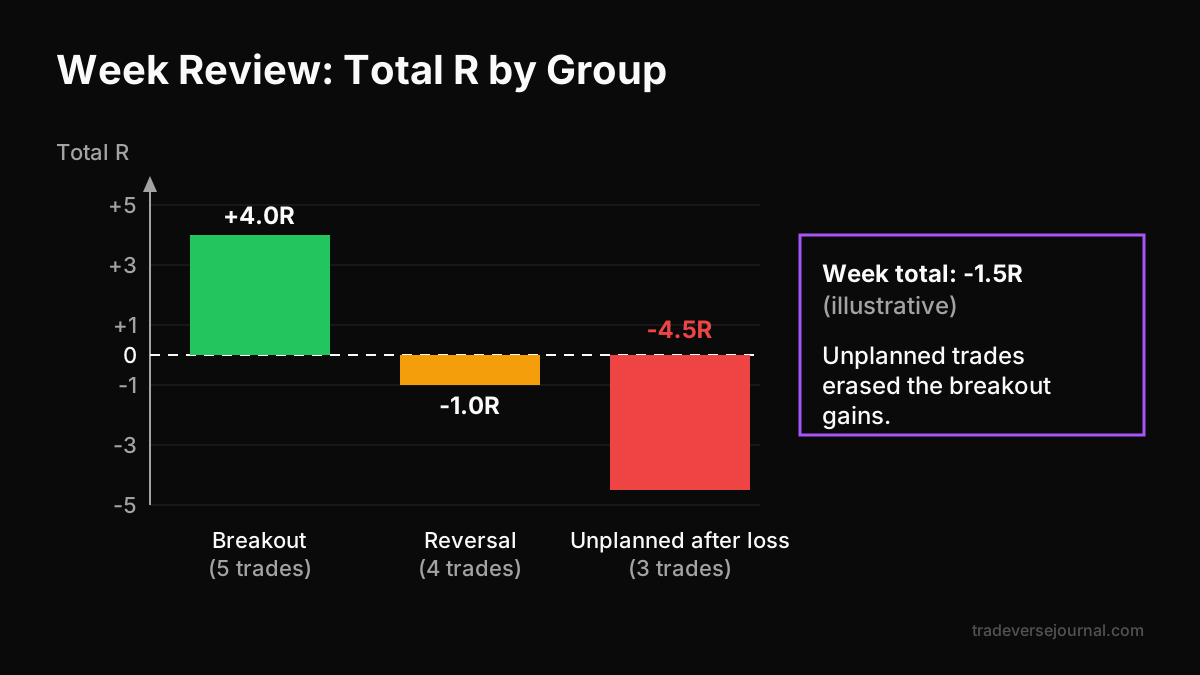 Bar chart of weekly trade review results grouped by setup in R