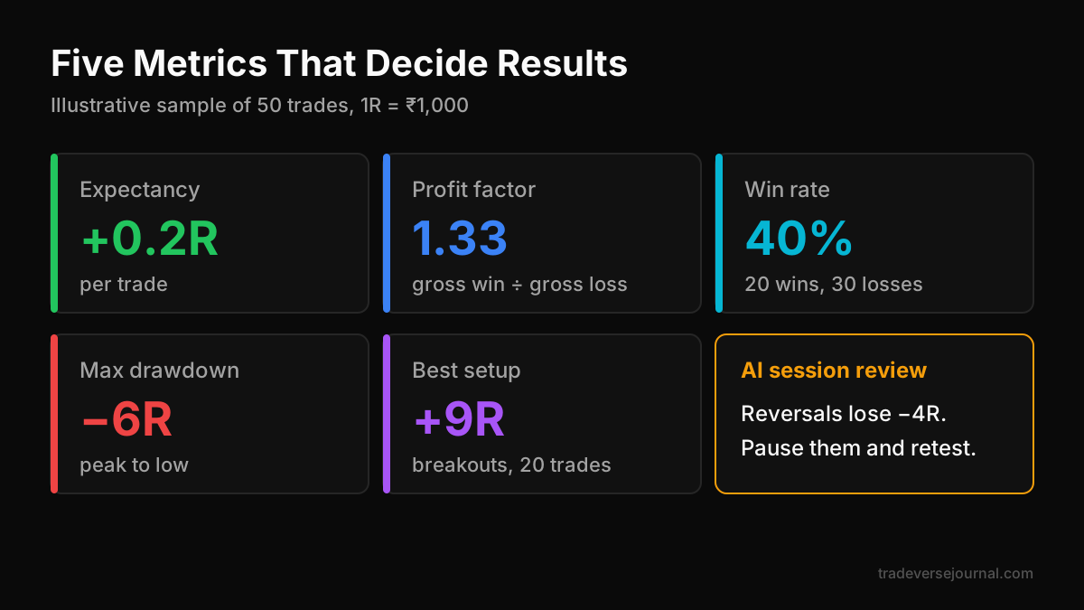 Trade performance analytics platform dashboard showing five core trading metrics