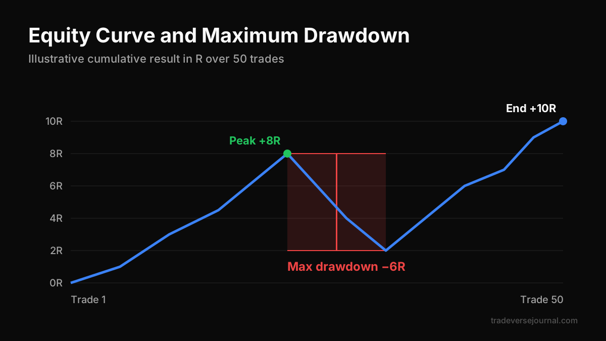 Illustrative equity curve with peak and maximum drawdown highlighted