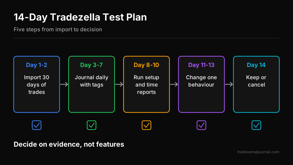 Five-step flow chart for testing a trading journal over 14 days