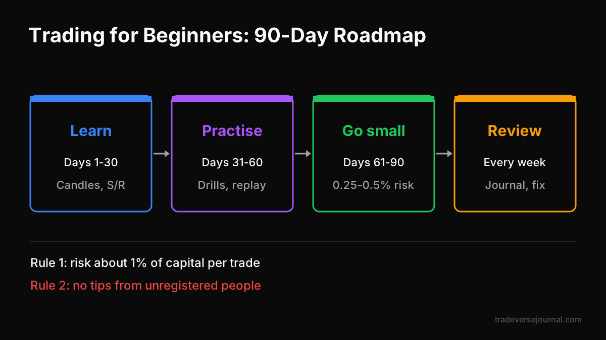 Trading for beginners roadmap from learning basics to small live trades