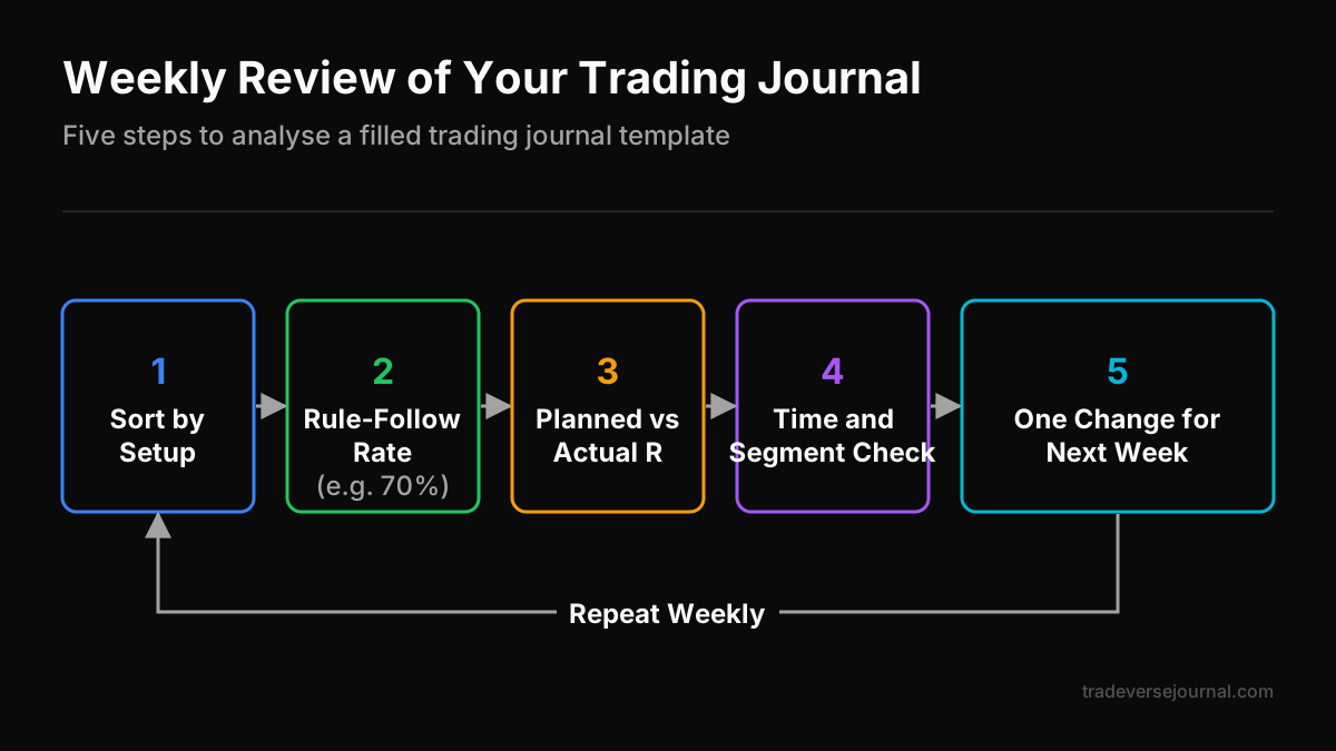 Five-step weekly review flow for analysing a filled trading journal