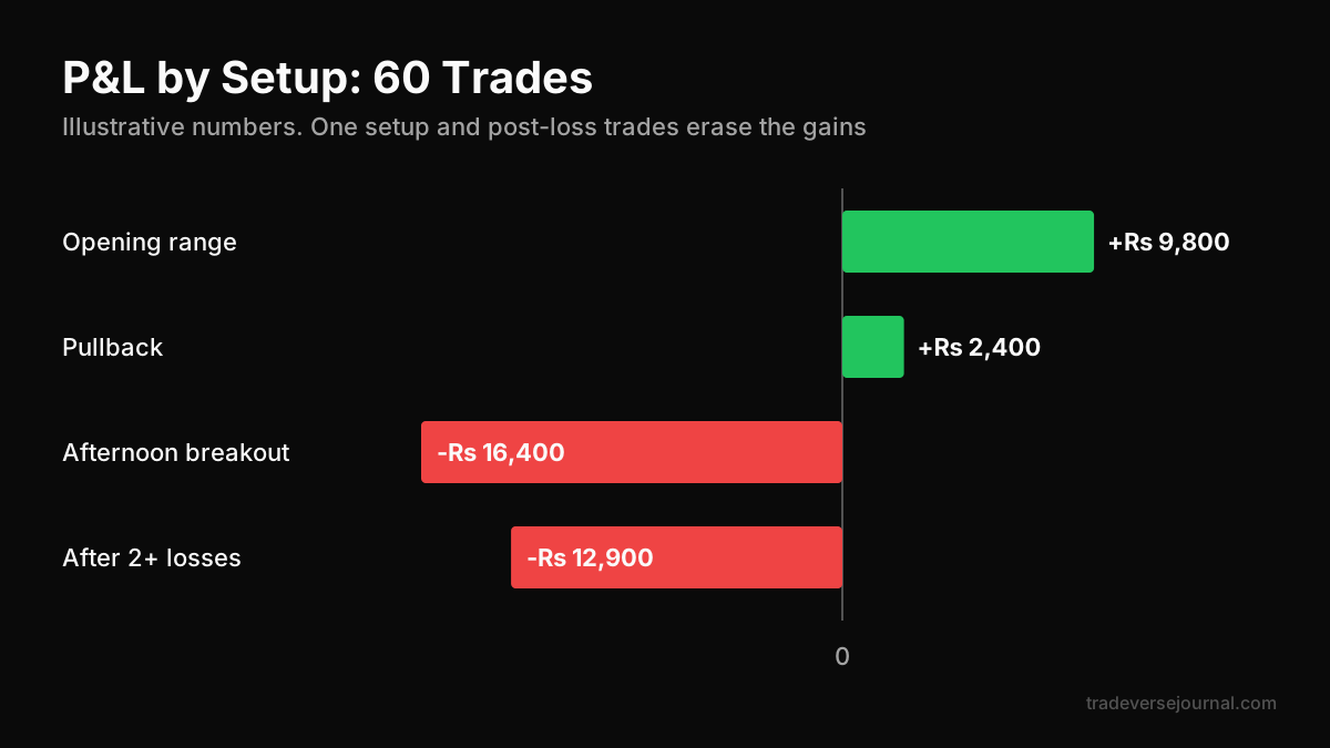 Bar chart of P&L by setup showing afternoon breakouts losing