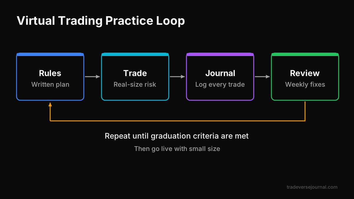 Virtual trading app practice loop from rules to trade to journal to review
